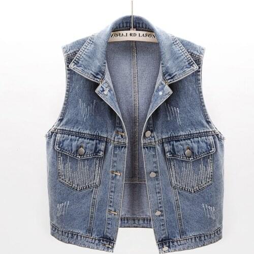Korean Diamond Big Pocket Frayed Denim Vest Women Blue Waistcoat Loose Short Jeans Vest Female Big size Casual Sleeveless Jacket