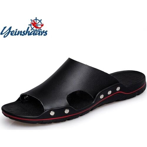 YEINSHAARS 2020 Summer Men Sandals Leather Quality Beach Slippers Casual Shoes Flat Outdoor Beach Shoes Big Size 38-48