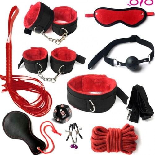 OLO 10pcs Adult Handcuffs Ball Whip Kit Bondage Set Couple SM Sex Toy Slave Games Handcuffs for Sex Whip Bdsm Bondage Set