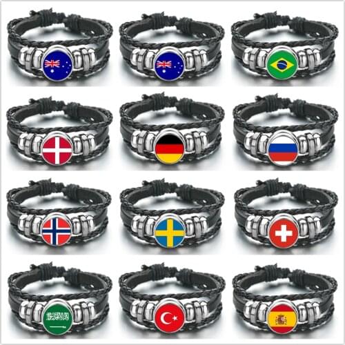 National Bracelet World Flags Jewelry USA America Flag Germany Mexico Canada France Britain Spain Brazil Black Leather Bracelets