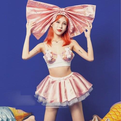 Nightclub Bar Cute Big Bow Tie Headdress Bra Tutu Skirt Suit Female Singer DJ Costumes Party Stage Performance Clothing DWY3733