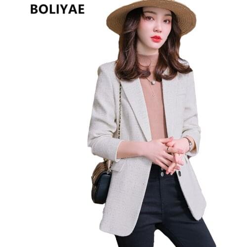 Boliyae 2021 Autumn and Winter New Blazer Womens Fashion Tweed Plaid Jacket Casual Long Sleeve White Suit Coat Overcoat Tops