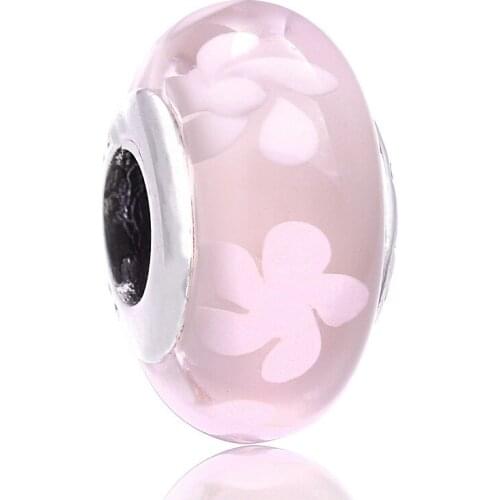 Original Pink & Blue Cherry Blossom Flower Lampwork Murano Glass Bead Fit 925 Sterling Silver Charm Bracelet DIY Jewelry