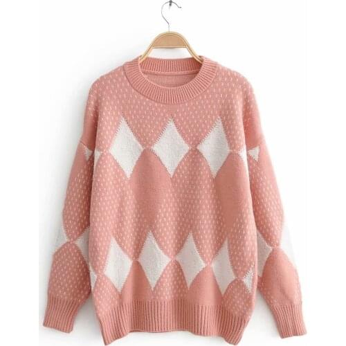 Autumn new womens European and American style round neck long sleeve diamond plaid loose pullover sweater womens