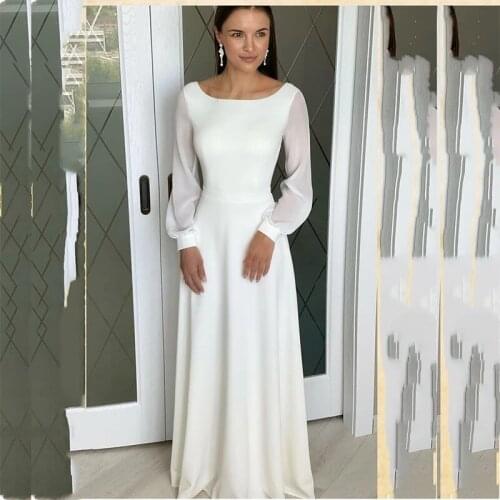 LUXIYIAO LO83 Simple Chiffon wedding dress Long Sleeve Plain Floor Length Bridal Gown Robe De Mariee White Simple Beach Zipper