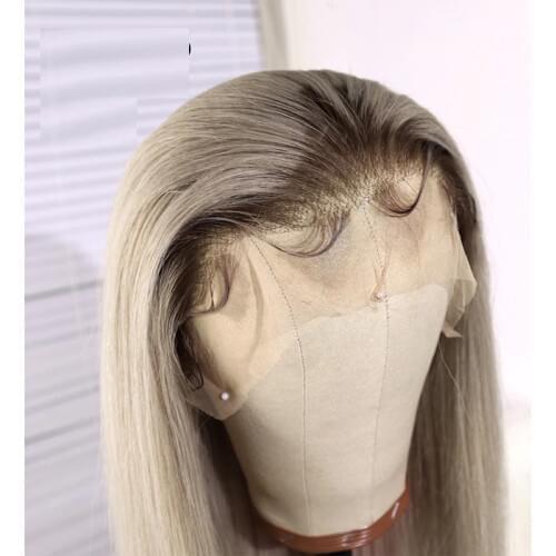 Remy Ombre Gray Silky Straight TranspareLace Front Human Hair Wig For Woman With Bahy Hair Natural HairlineBrazilian Middle Part