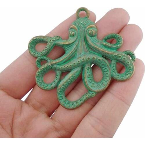 3 x Green Verdigris Patina Metal Large Octopus Animal Charms Pendants for Necklace Jewelry Findings 59x57mm