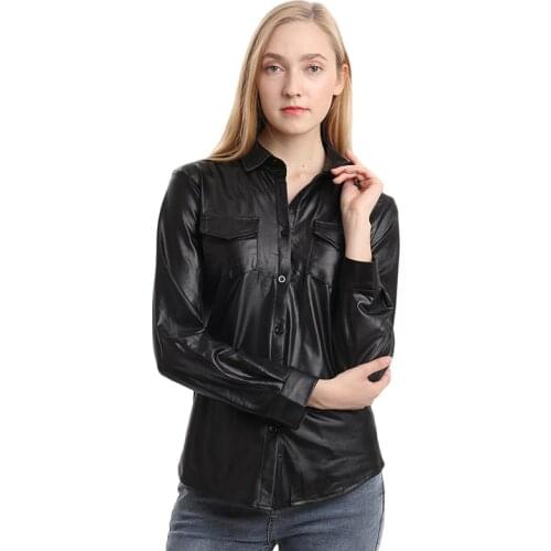 PU Leather Blouse Women 2020 Autumn Clothing Long Sleeve Shirts Blouses Turn Down Collar Slim Shirt Chemise Femme