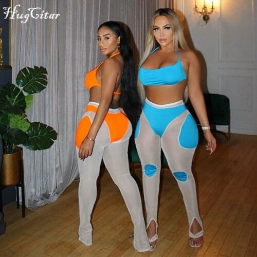 Hugictar 2021 Sleeveless Halter Backless Bandage Sexy Crop Top Leggings 2 Pieces Set Summer Women Mesh Patchwork Tracksuit