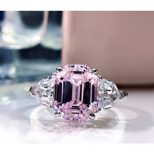 2021 New Arrival 925 Sterling Silver Rectangular Pink Created Moissanite Diamond Ring Luxury For Women Wedding Fine Jewelry Gift