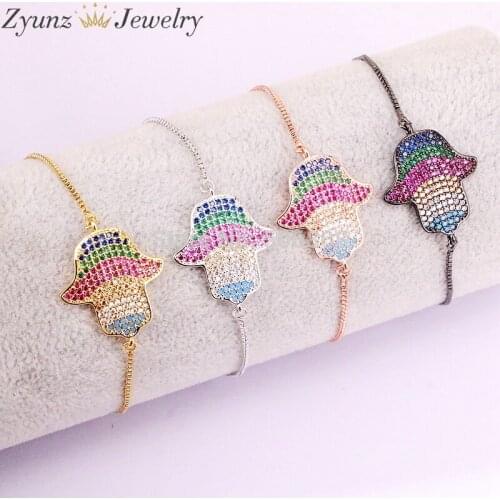 10PCS ZYZ327-1331 Colorful hamsa hand connector bracelet, Micro Pave connector/link Cubic Zirconia fatima charm bracelet