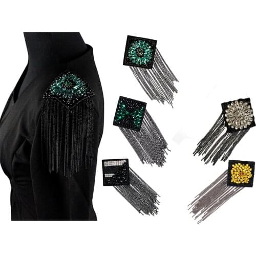 2pc DIY Square Design Rhinestones Bead Badges Chain Tassels Fringe Applique Sew on Dress Bag Shoulder Patches TH1374