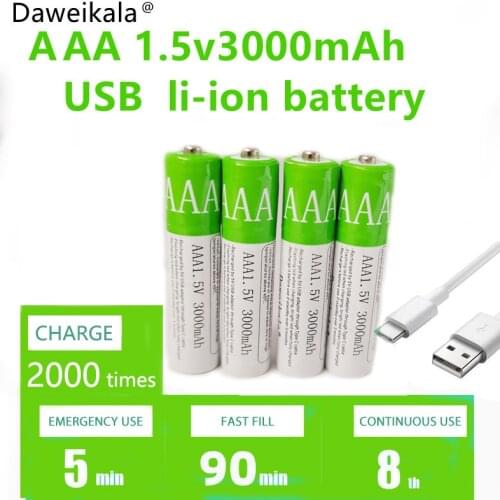 2021New USB AAA Rechargeable Batteries 1.5V 3000 mAh li-ion battery for remote control mouseElectric toy battery + Type-C Cable