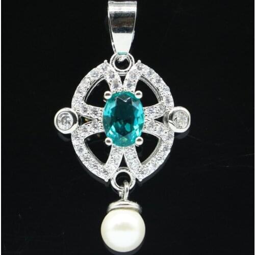 35x19mm Highly Recommend Created Rich Blue Aquamarine White Pearl For Women Daily Wear Silver Pendant