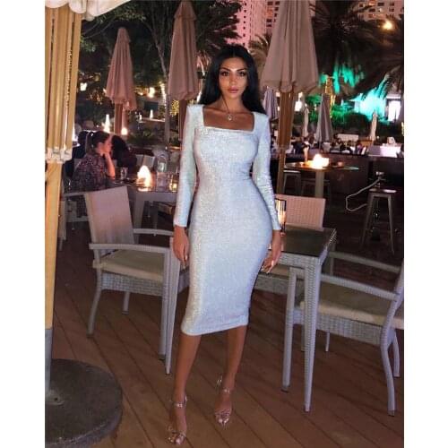 Elegant Long Sleeve Knee Length Silver Womens Dress Celebrity Night Party Dresses Formal Dress