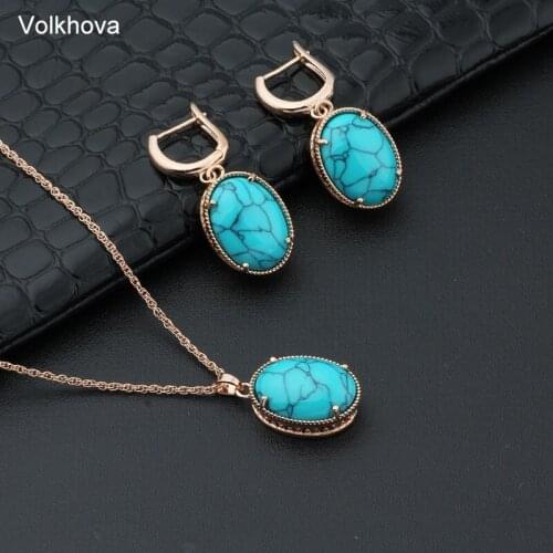 Volkhova Womens Jewelry Set Ethnic Flower Pendant Oval Jewelry Set Necklace Earrings Long Chain Necklace Blue Synthetic Crystal