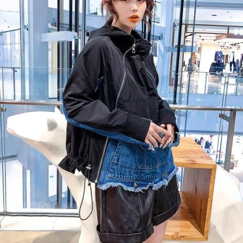 Korea Women Coat Irregular Denim Patchwork Short Coats Jackets Women Color Matching Casual Loose Irregular Coats 2020 New HZVH