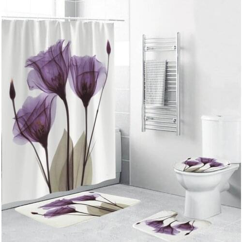 Fashion Purple Flower Shower Curtain Luxury Bathroom Curtain Waterprood Polyester Bath Curtain With Hooks Dropshipping