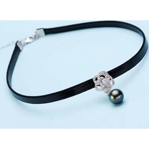 925 Silver Fashion Pearl Necklace Mounting, Black Choker Classic Necklace Settings Rock Jewelry Parts Fittings Charm Accessories