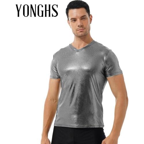 Mens Glossy Shirt Tops Casual Metallic Shiny V Neck Short SleeveTees Tops for Nigth Club Fashion Male Clothing Clubwear
