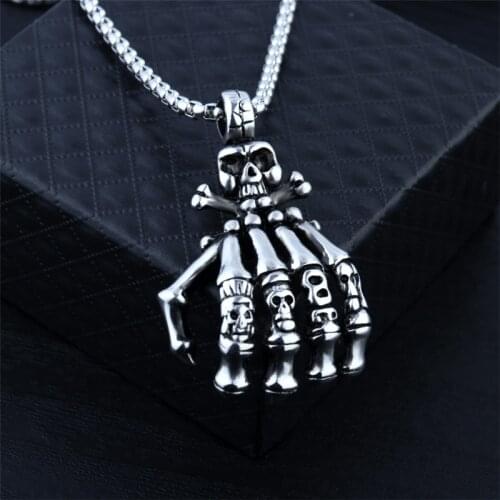 Mens Biker Skeleton Hand Pendant Necklace Punk Unisex Stainless Steel Long Chain Vintage Skull Hand Necklace Party Jewelry