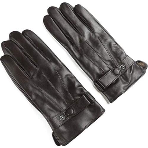 High Quality Mens Lambskin Gloves Velvet Lined Real Leather Buckled Driving Winter Gloves For Male Mitten