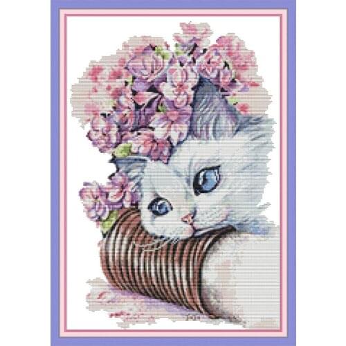 Cat and flower cross stitch kit aida 14ct 11ct count printed canvas stitches embroidery DIY handmade needlework