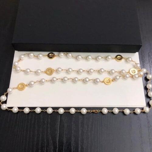 The new brand of copper sweater chain For women jewelry full Button Pearl stone bow wedding dinner jewelry 3A zircon necklace