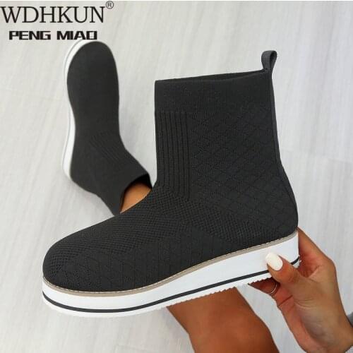 2021 New Winter High Heels Platform Fashion Boots Ankle Knitting Warm Snow Designer Sexy Gladiator Motorcycle Socks Botas Mujer