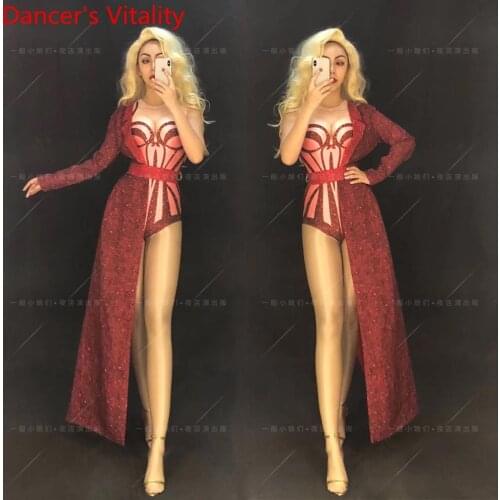 Nightclub Bar Guest Stage Wear Stage Wear Red Single Sleeve Cloak Body Suit DJ Women Singer DS Pole Jazz Dancing Performance Cos