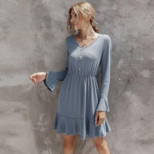 Autumn Women Casual V-neck Solid Color Waist Slim Long-sleeved Flare Sleeve Dress Loose Ruffles Mini Office Lady Button