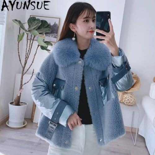 AYUNSUE Real Fur Coat Female 100% Wool Coat Winter Coat Women Real Fox Fur Collar Sheep Shearling Korean Down Jacket 919150