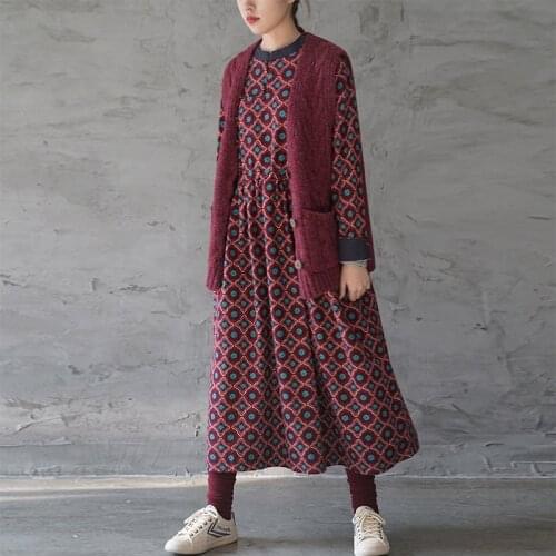 SCUWLINEN 2020 Spring Autumn Women Dress Vintage Print Stand-collar Drawstring Loose A-line Long Cotton Dresses Vestidos P189