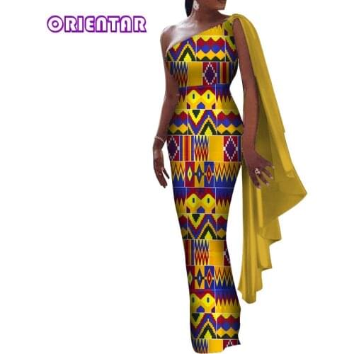 2021 African Dresses for Women One Shoulder Shawl Bodycon Long Maxi Dress Women African Print Clothing Ankara Dresses WY4966