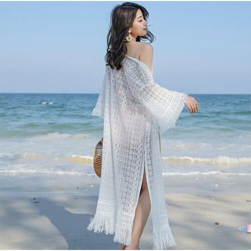 Sexy Lace Cardigan 2021Summer Women Half Sleeve Tassels Thin Coat Beachwear Bikini Cover Up Long Outerwear Sunscreen Blouses