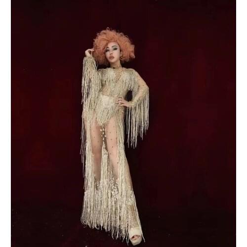 Rhinestone Golden Tassel Costume Birthday Party Evening Dress Nightclub Female Singer Stage Clothes Festival Rave Outfit DWY5108