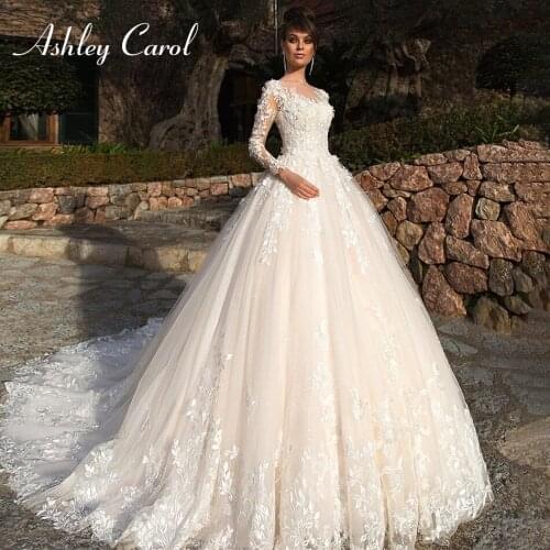 Ashley Carol A-Line Wedding Dress 2021 Long Sleeve 3D Flowers Romantic Appliques Lace Up Princess Bridal Gown Vestido De Noiva