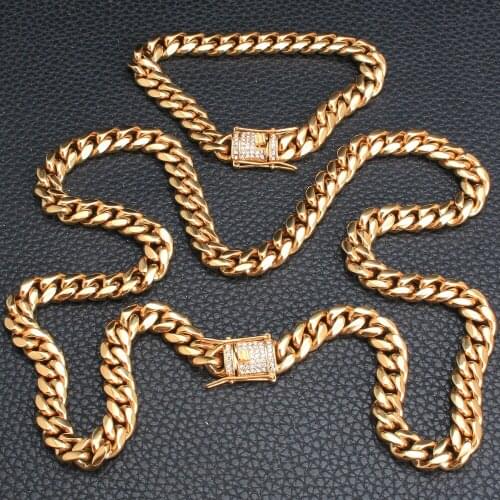 High Quality Fashion Stainless Steel Jewelry Set Gold Color 10MM Big Necklace Bracelet For Man & Woman Party Gift SGKAAALB