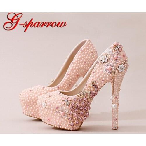 Pearl Phoenix Bride Dress Shoes Gorgeous Design Rhinestone Wedding Shoes Party Prom High Heels Purple White Prom Event Shoes