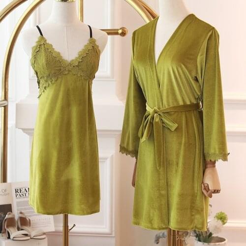 Women Velvet Sleepwear Green Lace Nightwear Kimono Robe Set Intimate Lingerie Casual Long Sleeve Nightgown Bathrobe Gown