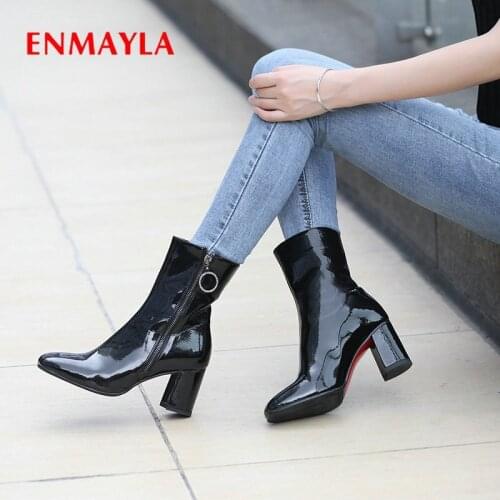 ENMAYLA 2020 Patent Leather Shoes Woman Basic Square Heel Round Toe High Heel Boots Short Plush Ankle Boots for Women 34-42