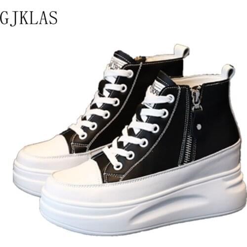 High Top Genuine Leather Casual Wedges Shoes for Women High Heel Sneakers Hidden Heel Black White Shoes Woman Lace Up Platform