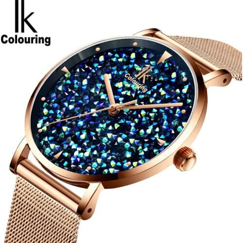 IK Colouring Women Watches Luxury Starry Sky Quartz Watch Wristwatch Stainless Steel Mesh Band Relogio Feminino