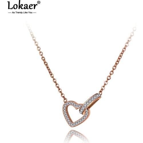 Lokaer Original Design Titanium Stainless Steel Heart Choker Necklaces Romantic Rhinestone Pendant Necklace For Women N20015