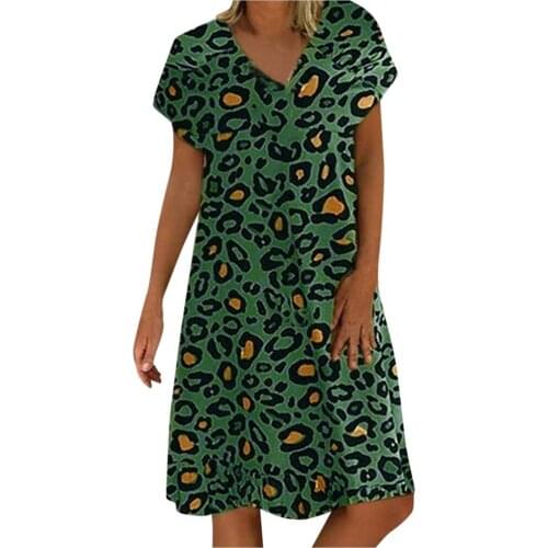 40# Bohemian Dress Women Leopard Print Casual Boho Dress V Neck Short Sleeve Loose Vacation Dress Straight Plus Size Dresses