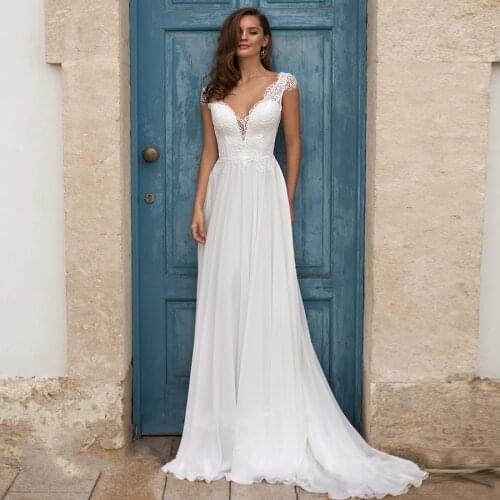 Simple Beach Wedding Dresses 2021 Plus Size Cap Sleeve V-neck Top Lace A-line Chiffon Robe De Mariage Boho Bridal Gowns