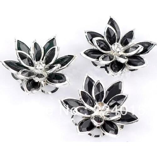 10PCs 3.5x3cm Silver Plated Black Flower Rhinestone Garment Accessories Embellishment Findings /Connectors Fit DIY Jewelry