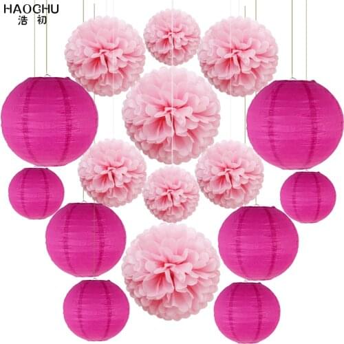 16pcs/lot Chinese Paper lampion Lanterns Tissue Pom Poms Assorted Sizes Round Paper Lanterns Wedding Party Hanging Decor Favor