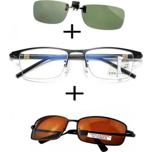 3Pcs!!! Progressive Far and Near Business Reading Glasses for Men Women + Polarized Sunglasses Rectangular + Sunglasses Clip