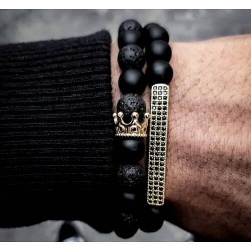 8mm Black Frosted Lava Stone Mixed With Zircon Small Crown Long Strip Set Bracelet Set